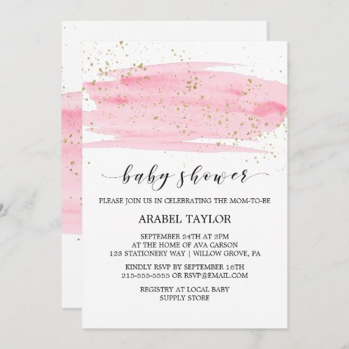 Watercolor Pink Blush  Gold Sparkle Baby Shower Invitation