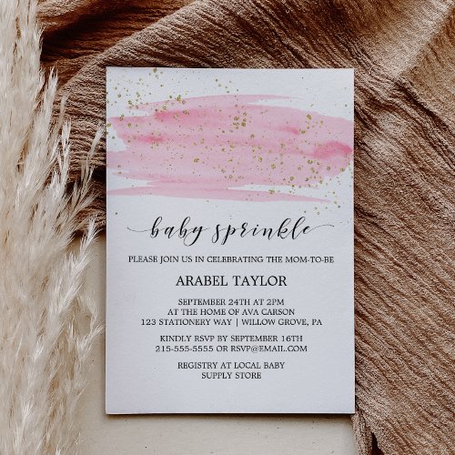 Watercolor Pink Blush  Gold Sparkle Baby Sprinkle Invitation