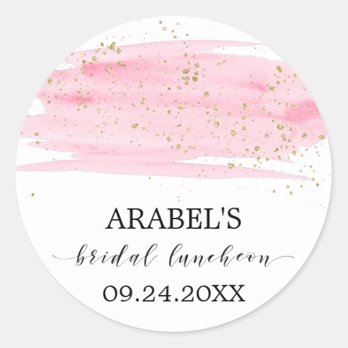 Watercolor Pink Blush Gold Sparkle Bridal Luncheon Classic Round Sticker