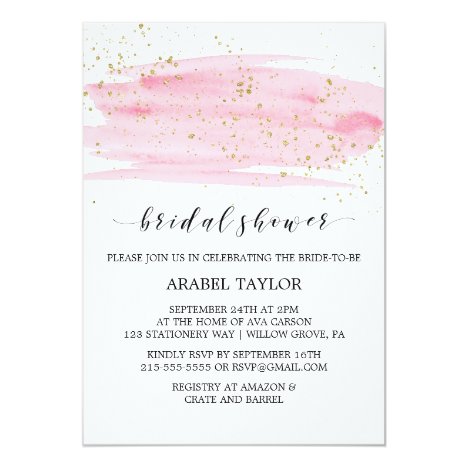 Watercolor Pink Blush &amp; Gold Sparkle Bridal Shower Card