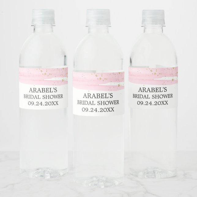 Watercolor Pink Blush & Gold Sparkle Bridal Shower Water Bottle Label (Bottles)