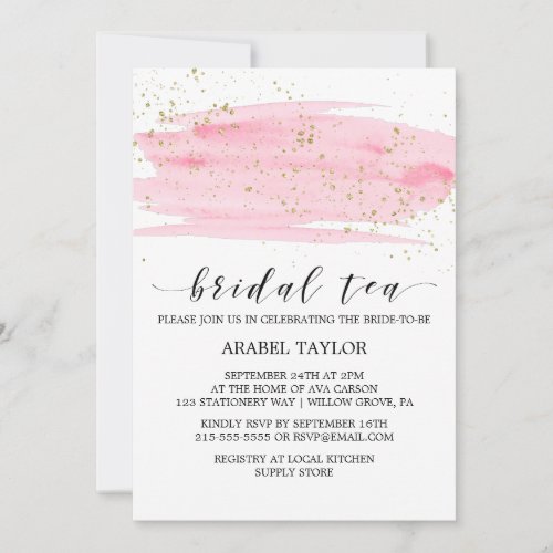 Watercolor Pink Blush  Gold Sparkle Bridal Tea Invitation