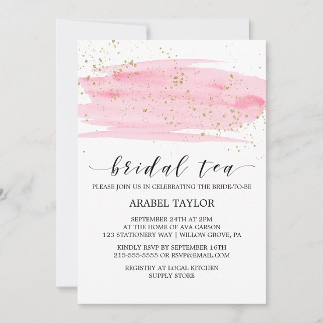 Watercolor Pink Blush & Gold Sparkle Bridal Tea Invitation (Front)