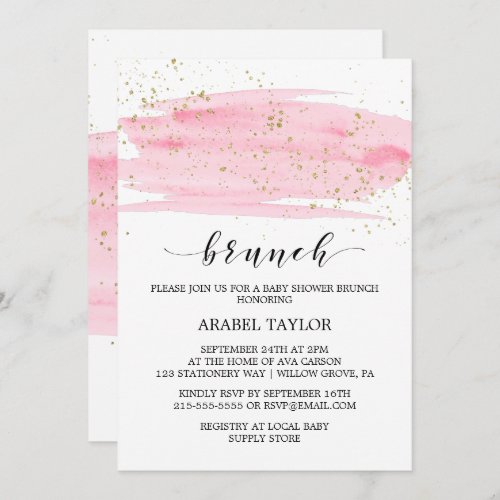 Watercolor Pink Blush  Gold Sparkle Brunch Invitation