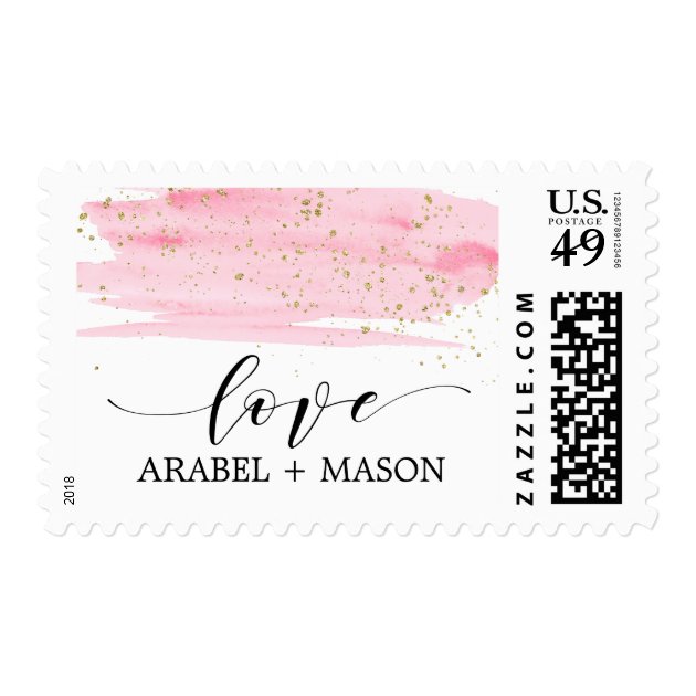 Watercolor Pink Blush & Gold Sparkle Love Wedding Postage