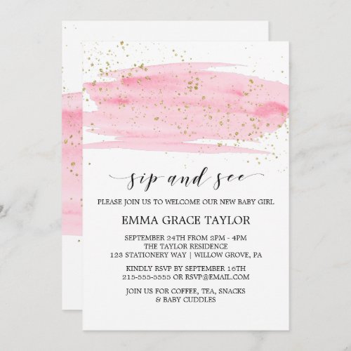 Watercolor Pink Blush  Gold Sparkle Sip and See Invitation