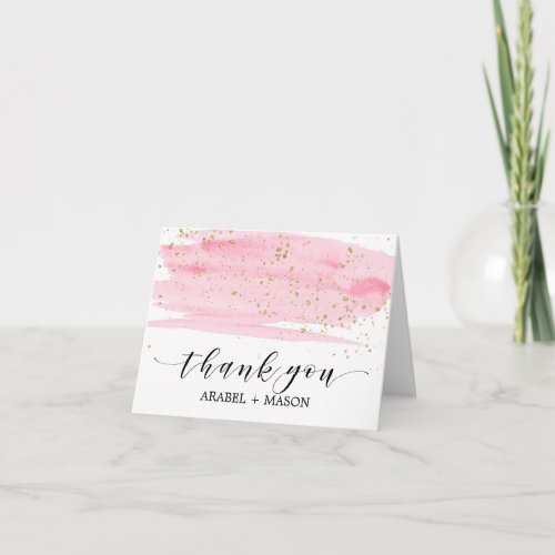 Watercolor Pink Blush Gold Sparkle Thank You Card