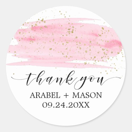 Watercolor Pink Blush  Gold Sparkle Wedding Favor Classic Round Sticker
