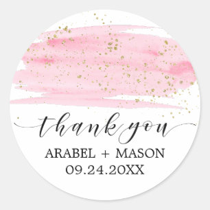 Watercolor Pink Blush & Gold Sparkle Wedding Favor Classic Round Sticker