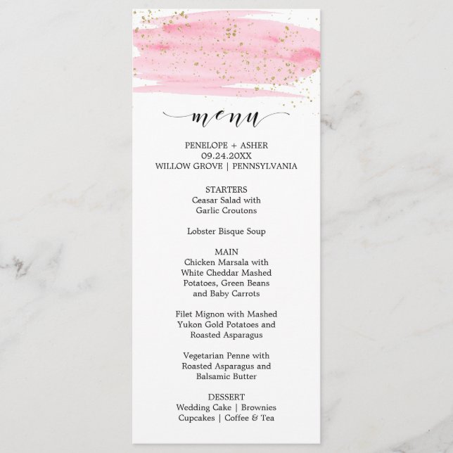 Watercolor Pink Blush & Gold Sparkle Wedding Menu (Front)