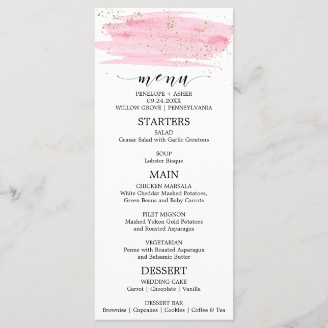 Watercolor Pink Blush & Gold Sparkle Wedding Menu (Front)