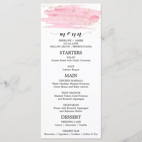 Watercolor Pink Blush  Gold Sparkle Wedding Menu