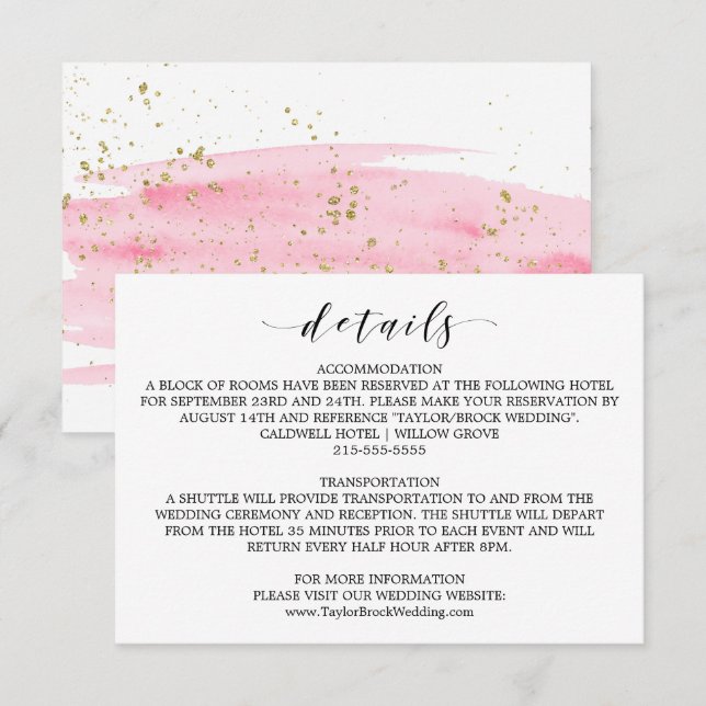 Watercolor Pink Blush & Gold Wedding Details Card (Front/Back)