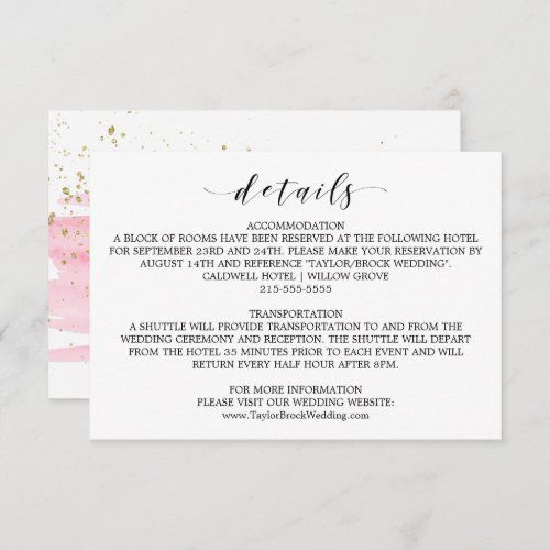 Watercolor Pink Blush  Gold Wedding Details Card