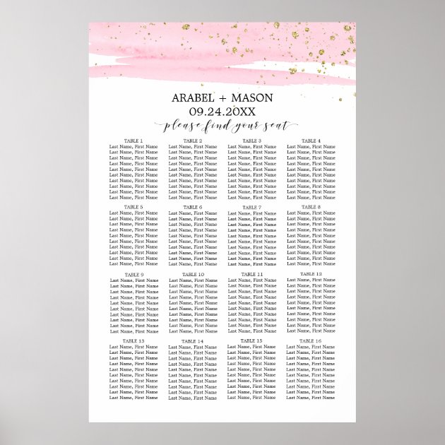 Watercolor Pink Blush & Gold Wedding Seating Chart Poster