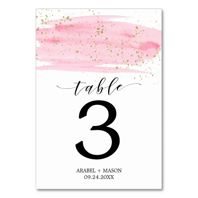 Watercolor Pink Blush & Gold Wedding Table Number (Front)