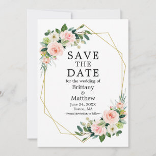 Watercolor Pink Blush Roses Gold Geo Frame Save The Date