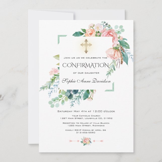 Watercolor Pink Blush White Floral Confirmation Invitation (Front)