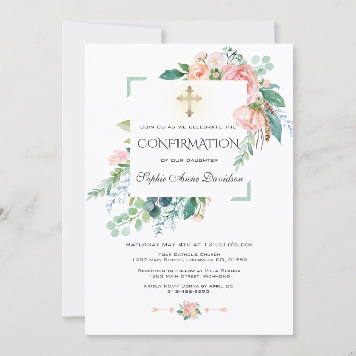 Watercolor Pink Blush White Floral Confirmation Invitation | Zazzle.com
