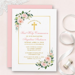 Watercolor Pink Blush White Floral Gold Communion Invitation