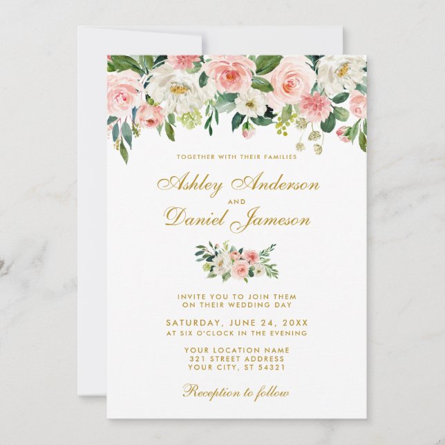 Watercolor Pink Blush White Floral Gold Wedding Invitation (Front)