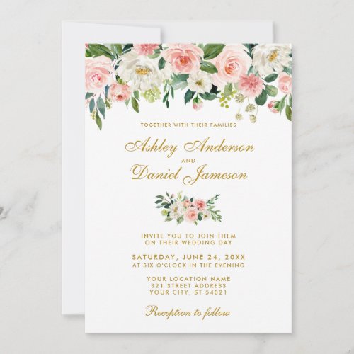 Watercolor Pink Blush White Floral Gold Wedding Invitation