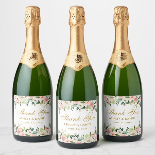 Watercolor Pink Blush White Floral Gold Wedding Sparkling Wine Label