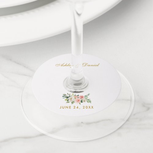 Watercolor Pink Blush White Floral Gold Wedding Wine Glass Tag