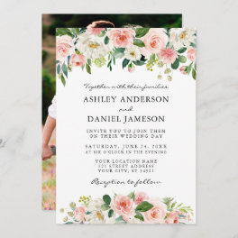 Watercolor Pink Blush White Floral Photo Wedding Invitation