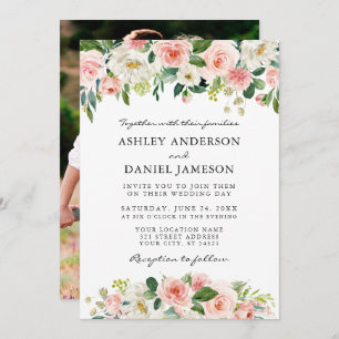 Watercolor Pink Blush White Floral Photo Wedding Invitation