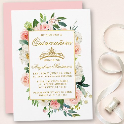 Watercolor Pink Blush White Floral Quinceanera Invitation