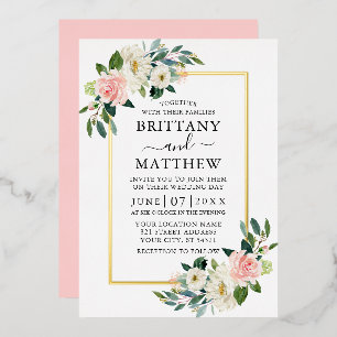 Watercolor Pink Blush White Floral Wedding Gold Foil Invitation