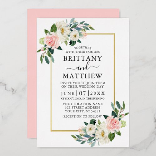  Watercolor Pink Blush White Floral Wedding Gold Foil Invitation