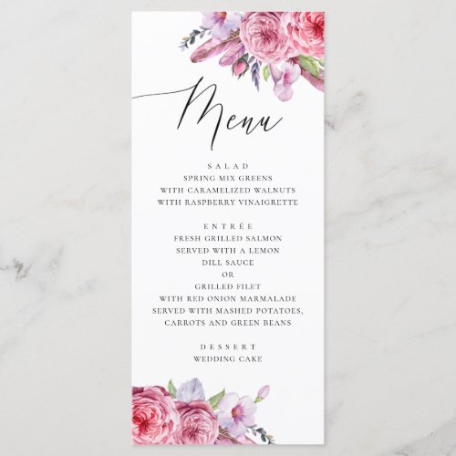 Watercolor pink boho floral and feathers wedding menu