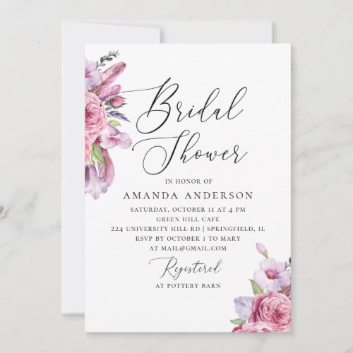 Watercolor pink boho floral feathers bridal shower invitation