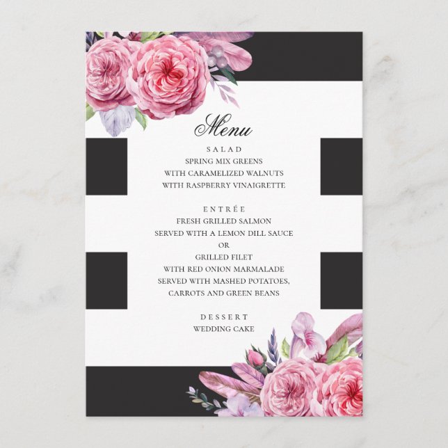 Watercolor pink boho flowers and feathers wedding menu (Front)