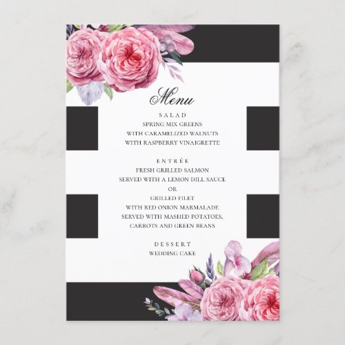 Watercolor pink boho flowers and feathers wedding menu