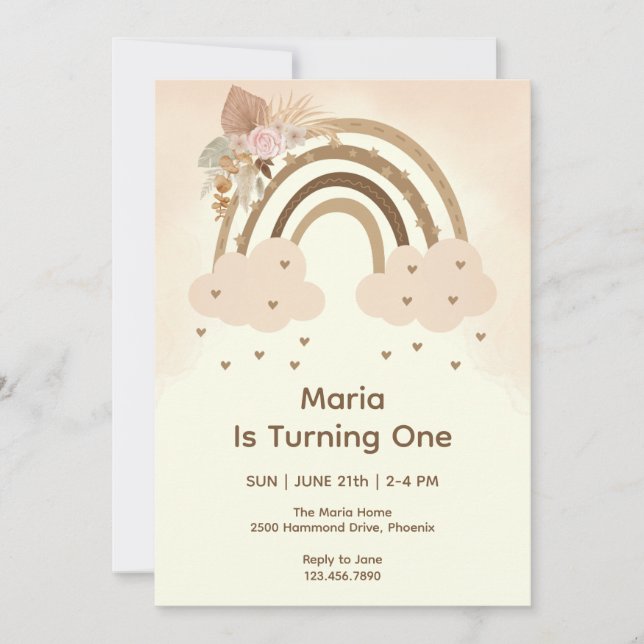 Watercolor Pink Boho Rainbow First Birthday Invitation (Front)