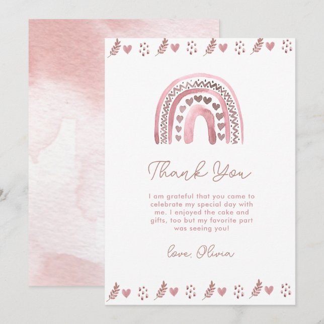 Watercolor Pink Boho Rainbow  Thank You Card (Front/Back)