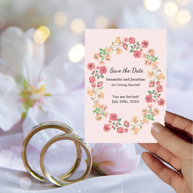 Watercolor Pink Boho Ring Flowers Save the Date Invitation (Creator Uploaded)