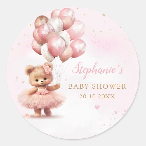 Watercolor Pink Boho Teddy Bear Girl Baby Shower Classic Round Sticker