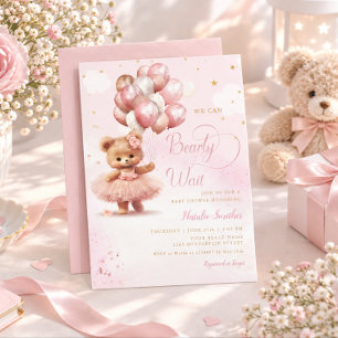 Watercolor Pink Boho Teddy Bear Girl Baby Shower Invitation