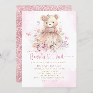 Watercolor Pink Boho Teddy Bear Girl Baby Shower Invitation
