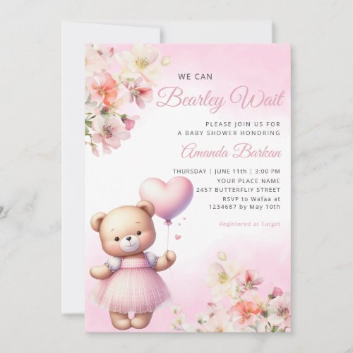 Watercolor Pink Boho Teddy Bear Girl Baby Shower Invitation