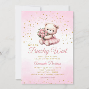 Watercolor Pink Boho Teddy Bear Girl Baby Shower Invitation
