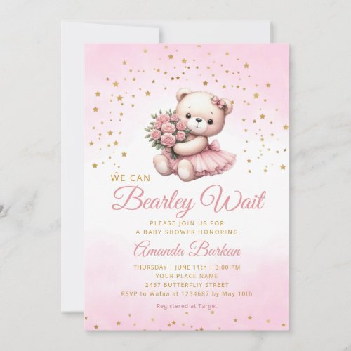Watercolor Pink Boho Teddy Bear Girl Baby Shower Invitation