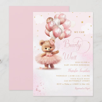 Watercolor Pink Boho Teddy Bear Girl Baby Shower Invitation