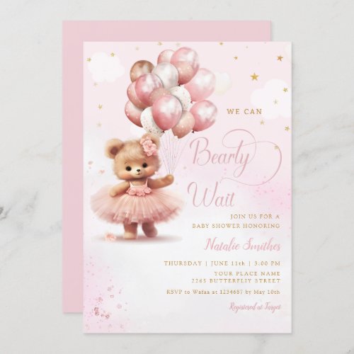 Watercolor Pink Boho Teddy Bear Girl Baby Shower  Invitation