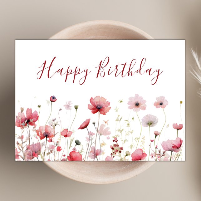 Watercolor Pink Boho Wildflower Happy Birthday Card (Creator Uploaded)