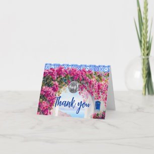 Watercolor Pink Bougainvillea Flowers Blue Tile Letterpress Thank You Card